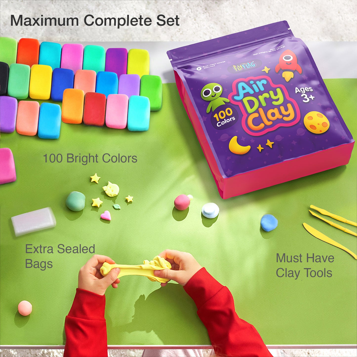 Air Dry Clay Kit - 100 Colors, Soft & Ultra Light, Modeling Clay for Kids with Tools and Tutorials