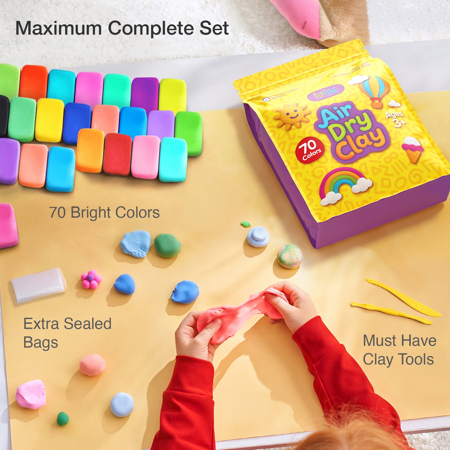 Air Dry Clay Kit - 70 Colors, Soft & Ultra Light, Modeling Clay for Kids with Tools and Tutorials