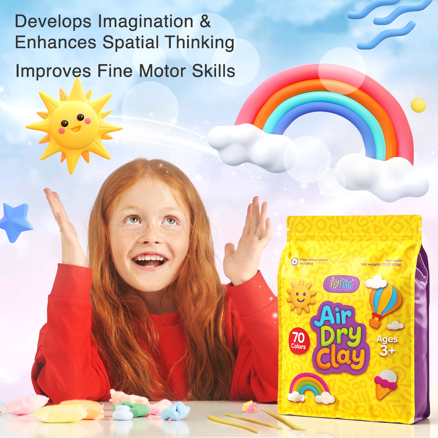 Air Dry Clay Kit - 70 Colors, Soft & Ultra Light, Modeling Clay for Kids with Tools and Tutorials