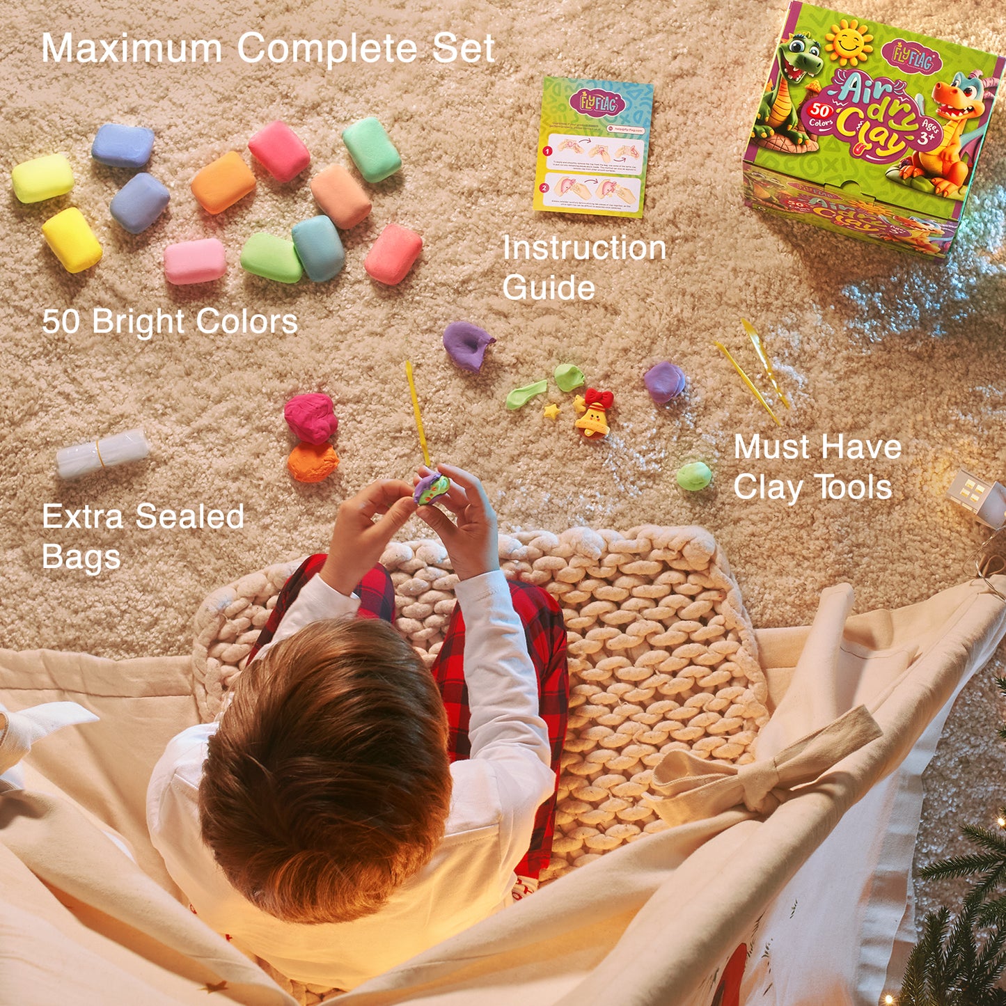 Air Dry Clay Kit - 50 Colors, Soft & Ultra Light, Modeling Clay for Kids with Accessories, Tools and Tutorials